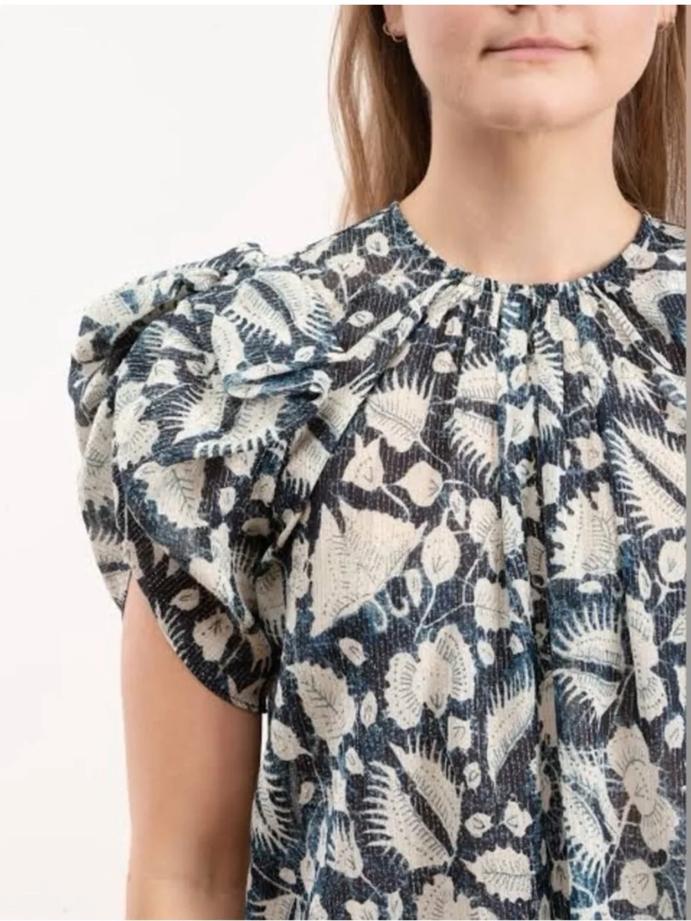 Ulla Johnson‎ Nova Top Indigo Batik Floral Metallic Puff Sleeve Blouse Size 0